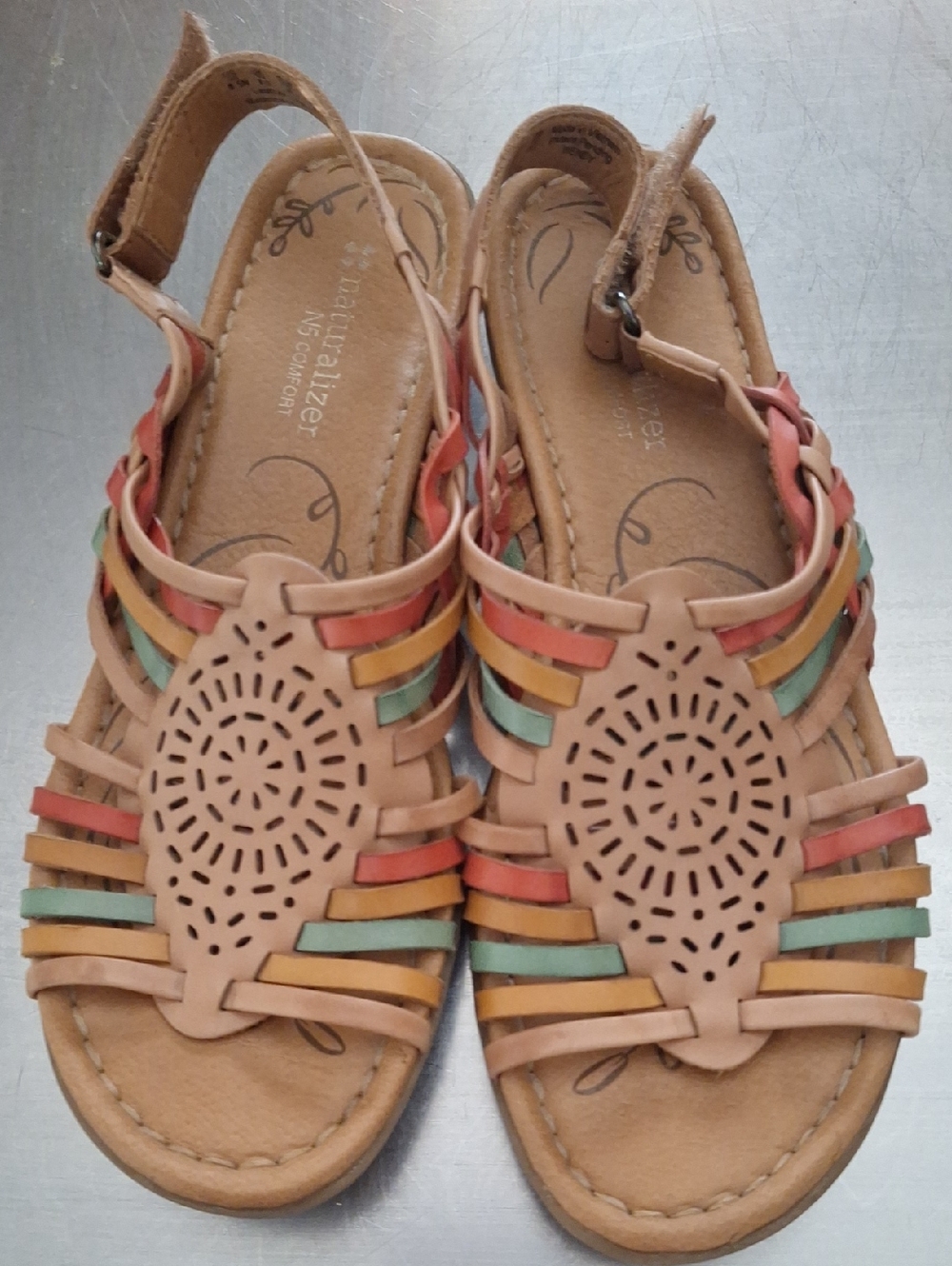 Naturalizer Multicolor Strappy Leather Sandals in Beige, Coral, Mint & Tan.